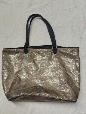 • Victoria’s Secret Large Tote Bag Gold Glitter Everyday Overnight Bag Weekender
